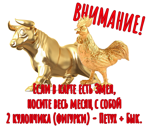Если в карте есть Змея, носите весь месяц с собой 2 кулончика (брелка / фигурки) - Петух + Бык